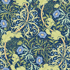 Floral seamless pattern with small blue flowers and green foliage on dark blue background. Vector illustration.