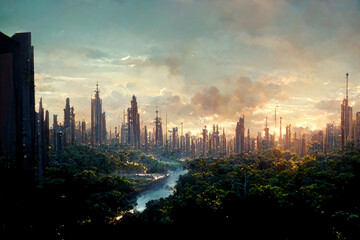 Obraz premium Abstract futuristic future city, beautiful sunset. Urban modern landscape. High-rise buildings. Unreal world. 3D illustration.