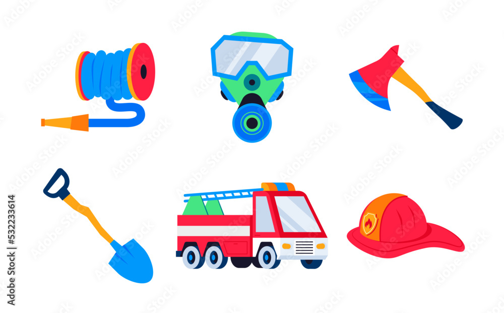 Poster flame fighting kit - flat design style object set