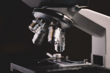 Microscope in laboratory science closeup research. Laboratory of biology by biotechnology for analysis, experiment, education and test.