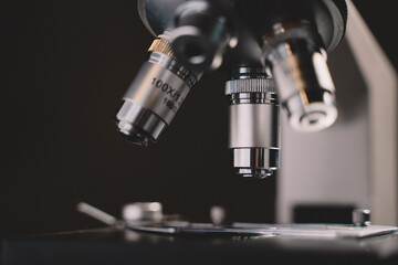 Microscope in laboratory science closeup research. Laboratory of biology by biotechnology for analysis, experiment, education and test.