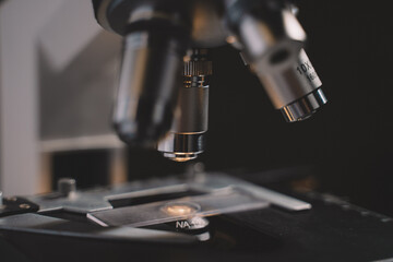Microscope in laboratory science closeup research. Laboratory of biology by biotechnology for analysis, experiment, education and test.