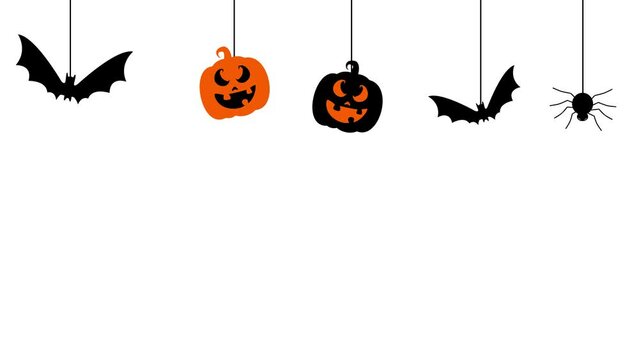 Halloween party background with spider bat pumpkin hanging from spiderwebs on white background 4K