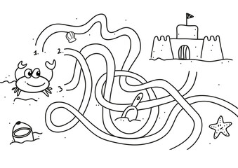 Coloring drawing summer found the way child games course small crab and sand. seaside theme cute holiday summer sea