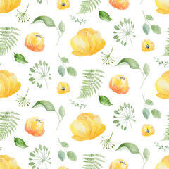 Watercolor seamless pattern floral background flowers, plants, leaves. Australian plants. for fabric, textile, baby design, packaging