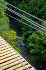 High angle close-up view of wooden deck of a simple suspension bridge for river crossing. Selective focus. Forest and river in the background.