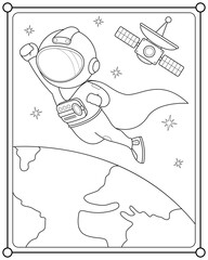 Astronaut superhero in space suitable for children's coloring page vector illustration
