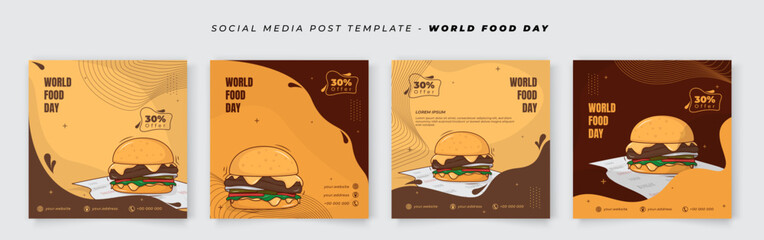 Set of social media template in yellow and brown background with burger design for world food day