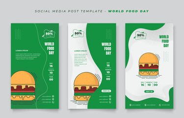 Set of social media template in portrait design with green abstract background for food day design