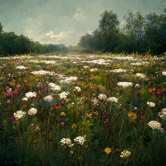 Field of wildflowers in meadow with morning mist
