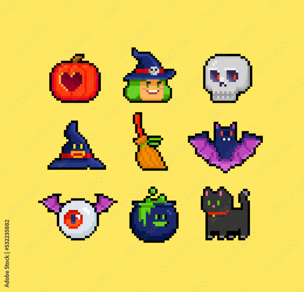Poster pixel art cartoon halloween objects. 8-bit pixel game graphics design. halloween set of funny witch 