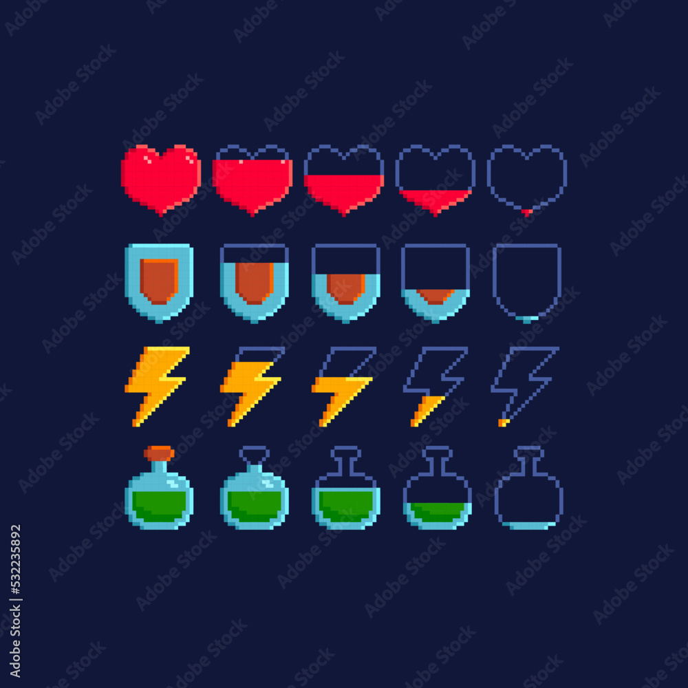Poster 8-bit pixel load scale icons . full health and battery charge bar. energy, armor, health and mana ic