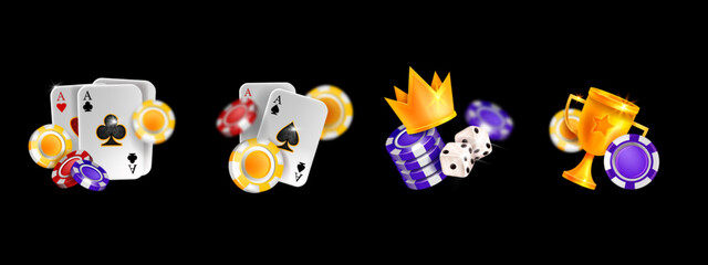 Casino poker 3D vector icon set, Vegas tournament banner, ace playing card, flying gambling chips. Online blackjack lucky illustration, realistic Texas Holdem badge. Casino poker UI clipart on white