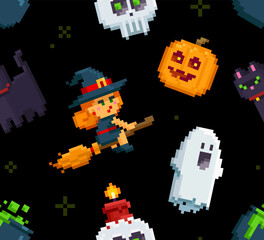 Pixel art Halloween seamless pattern. 8-bit witch, ghost, pumpkin, bat, night cat and other characters in retro computer game style. Cute endless cartoon background for Halloween design