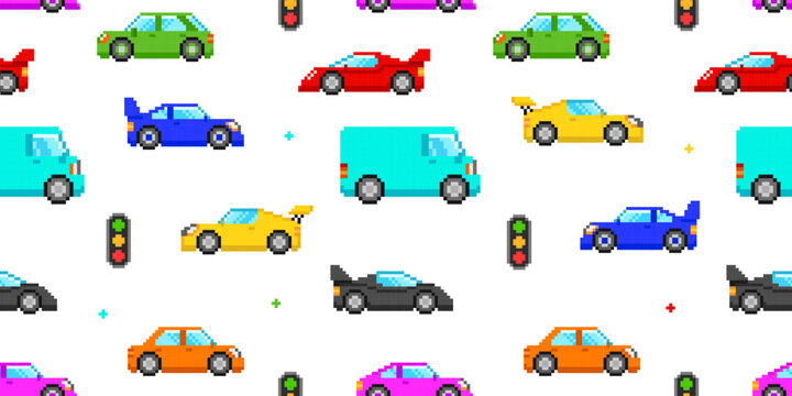 Pixel Art Cars seamless pattern. 8-bit game style pixel graphics city transport. Puxel transport background. Editable pixel Racing Cars. Isolated vector illustration