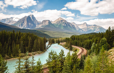 Morant's Curve railroad through the Rocky Mountains in Banff, Canada.