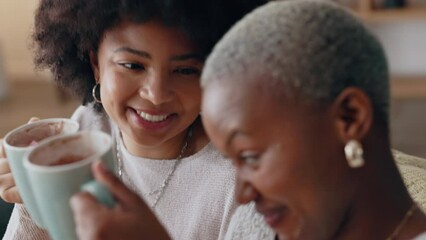 Chocolate drink and black woman friends on sofa talking and having winter celebration. African people or gen z women enjoying sweet milk coffee or cocoa beverage on couch in their apartment lounge - Powered by Adobe