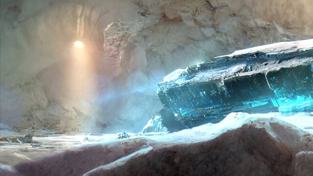 A UFO is hidden deep in an ice cave in Antarctica. The ufo is ancient and looks like it crashed landed. Hidden beneath the ice shelf. 3D rendered image