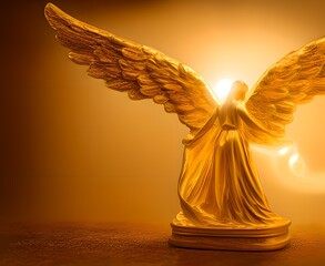 3d computer illustration of golden female angel statue with wings in dreamy cinematic look staying...