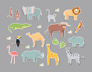 Fototapeta premium Stickers of cartoon animals of Africa, vector illustration of cute funny animals