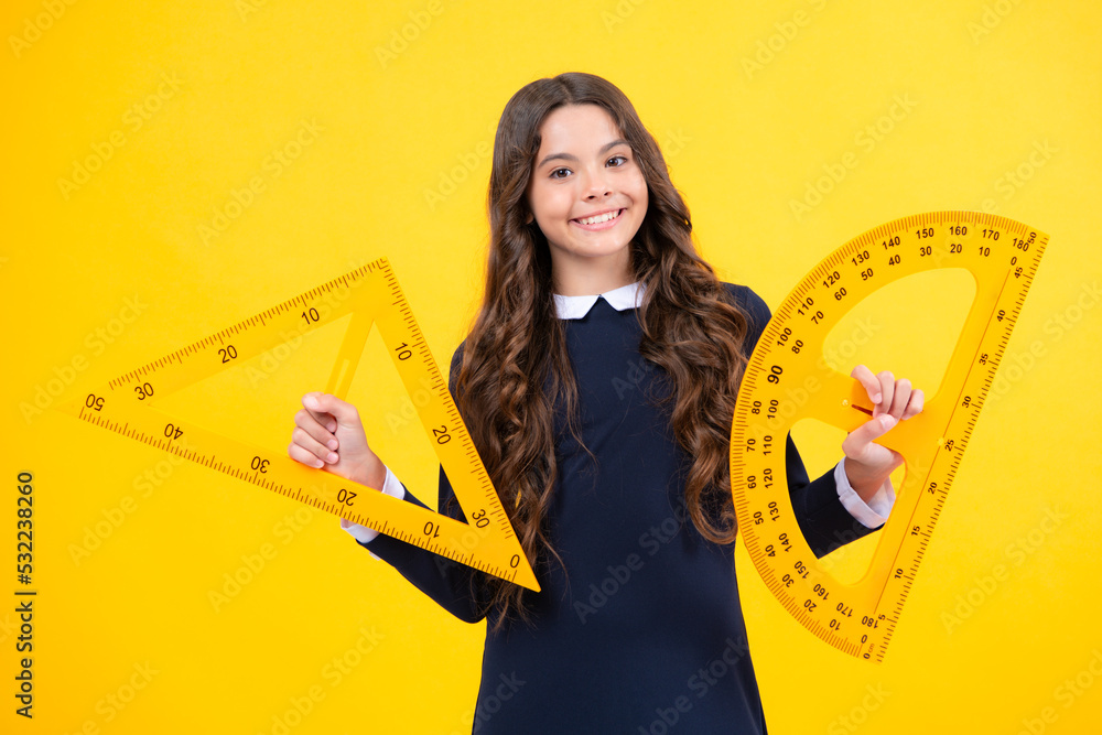 Sticker school girl holding measure for geometry lesson, isolated on yellow background. measuring equipment.