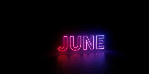 June word text 3d rendered outline neon style illustration isolated on black background