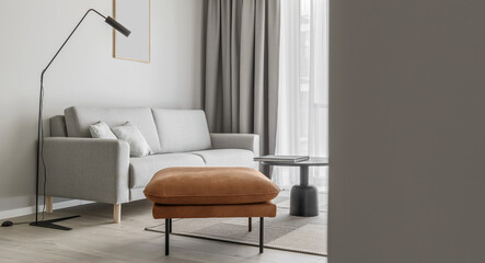 Modern minimalistic living room interior with grey sofa, leather seat, black elegant lamp. Aesthetic simple interior design concept.