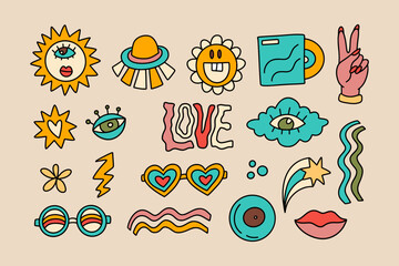 Groovy sticker set, retro eye, ufo and glasses flower hippie 70s disco cartoon illustration vector element collection