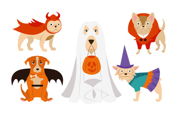Cute Dogs of Different Breeds in Halloween costumes set. Funny Pets Animals Dressed for carnival part. Holiday celebration cartoon style vector Illustration