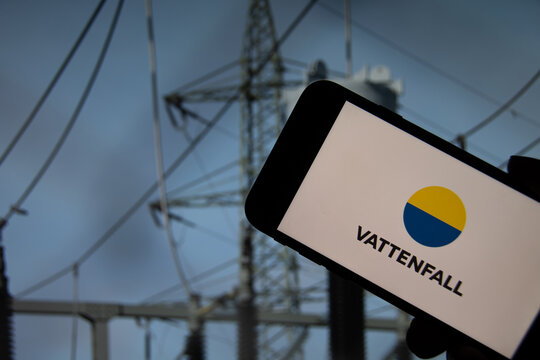 Rheinbach, Germany  5 October 2021,  
The brand logo of the energy supplier "Vattenfall" on the display of a smartphone in front of a transformation station