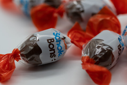 Rheinbach, Germany  8 October 2021,  The close-up view of several "Kinder Schokobons"