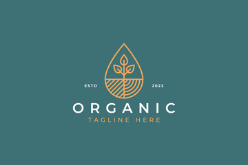 Organic Logo with Abstract Geometric Illustration Plant, Water Drop, Field for Food, Healthy Life and Agriculture Industry Brand Identity Concept.