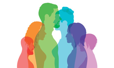 Multiracial people in a multicultural society. Abstract cartoon head face of a diverse group of people in profile. Friendship between diverse people of different ethnicities.