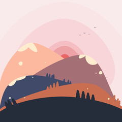 Fototapeta na wymiar Background illustration of light and bright pink, blue and orange mountains and hills. Picture for san be used for poster, banner, postcard..