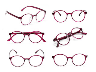 Group of beautiful eyeglass frames isolated on white background. Spectacles. Costume Fashion.