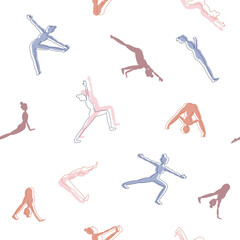 Pattern seamless illustration on the theme of yoga and sports, consisting of different colored poses and linear strokes..