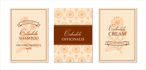 Set of calendula packaging design with hand drawn elements. Vector illustration in sketch style