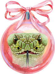 Watercolor pink Christmas ball with snake isolated