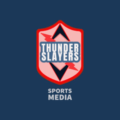 Thunder Slayers sports media logo on blue background with red tones and black triangle shapes.