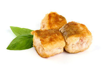 Grilled hake fish fillet, isolated on white background.