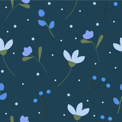 Seamless floral pattern on deep blue background, isolated.