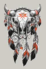 Native American  bull skull with feathers and dream catcher