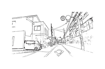 Building view with landmark of Osaka is the 
city in Japan. Hand drawn sketch illustration in vector.