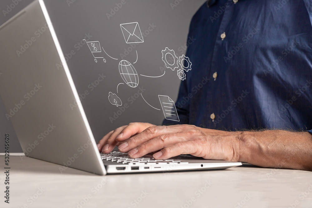 Poster business technology concept. using different web services and software for work, shopping online