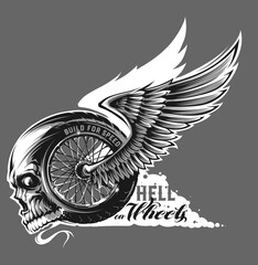 Motorcycle wheel with wings and skull