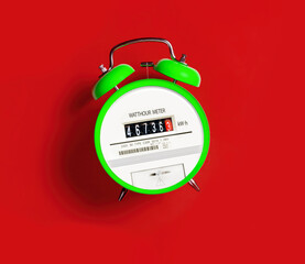Green Electric meter with alarm clock on a red background