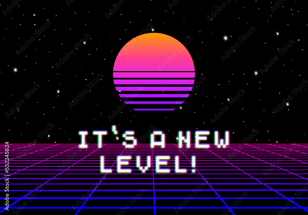 Poster Synthwave greeting card with 80s styled sun and pixel font greeting phrase. New level, grade or upgrade party flyer with retro arcade design.