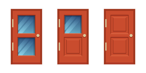 Door set. Wooden doors with glass and without glass. 
Vector clipart isolated on white background.