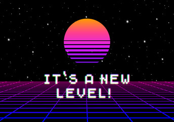 Synthwave greeting card with 80s styled sun and pixel font greeting phrase. New level, grade or upgrade party flyer with retro arcade design.