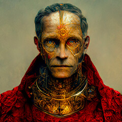 King Mega futuristic. Interpretation of artifical intelligence. Red and gold. Artificial aging.